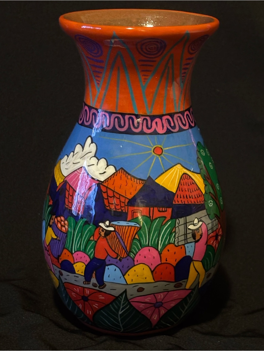 Colorful Handpainted Mexican Folk Art Ceramic Pottery Vase